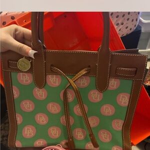 Dooney & Bourke Brown, Green, and Pink Tote polka dot